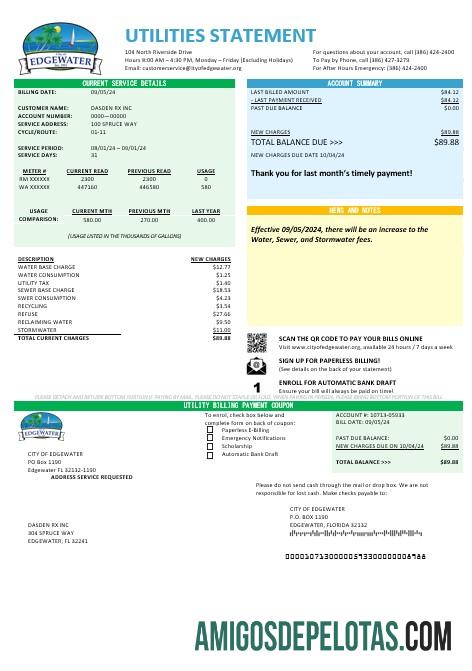 Em branco modelo de conta de serviços públicos da cidade de Edgewater, EUA, Flórida, em formatos Word e PDF